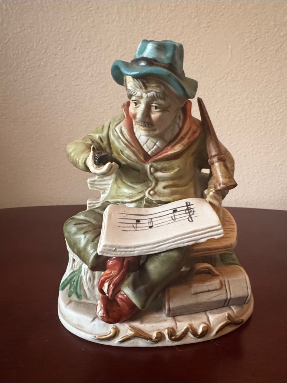 Hand-Painted Ceramic Musician/Old Man Figurine in Green and Teal